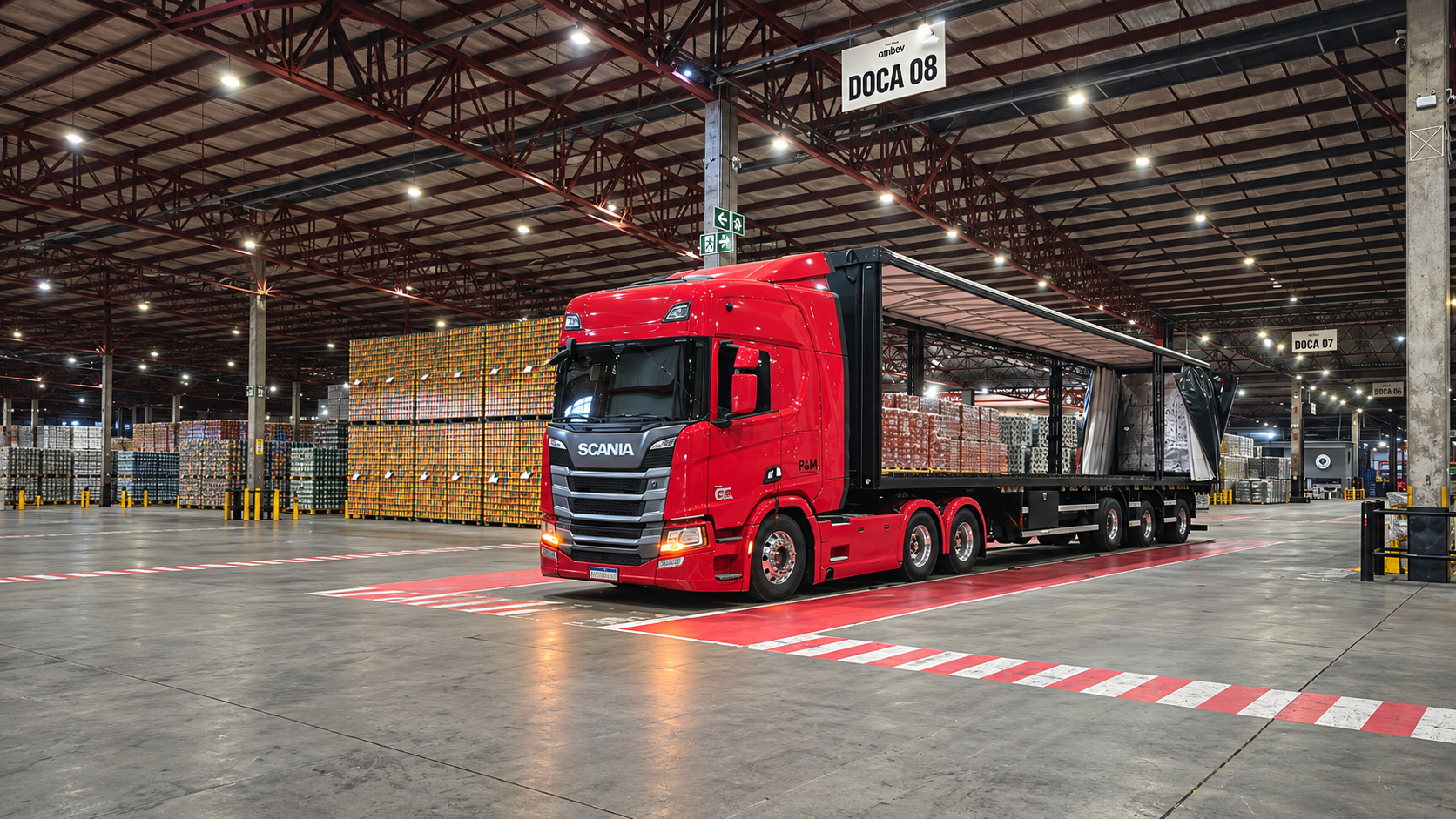Caminhão vermelho da P&M Transportes em operação na doca